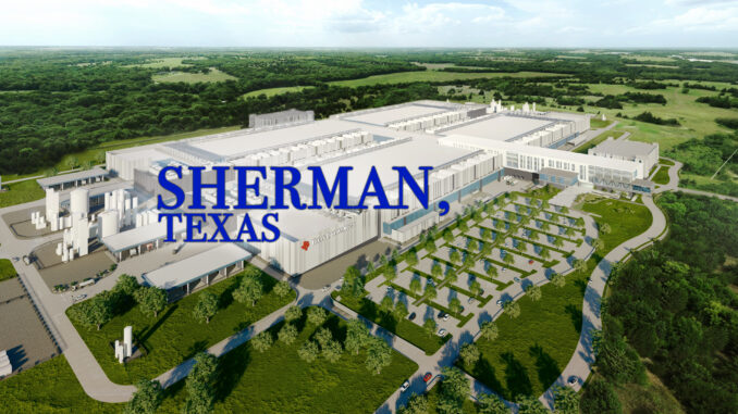 Aerial view of the Texas Instruments semiconductor fabrication plant under construction in Sherman, Texas.