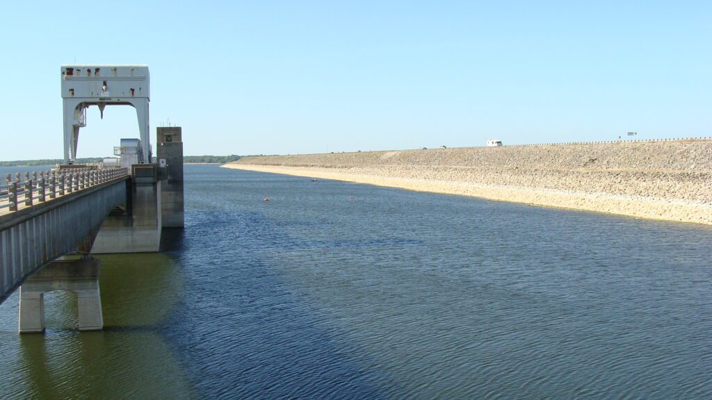 Scenic view of Denison Dam and Lake Texoma, a popular landmark in Denison, TX