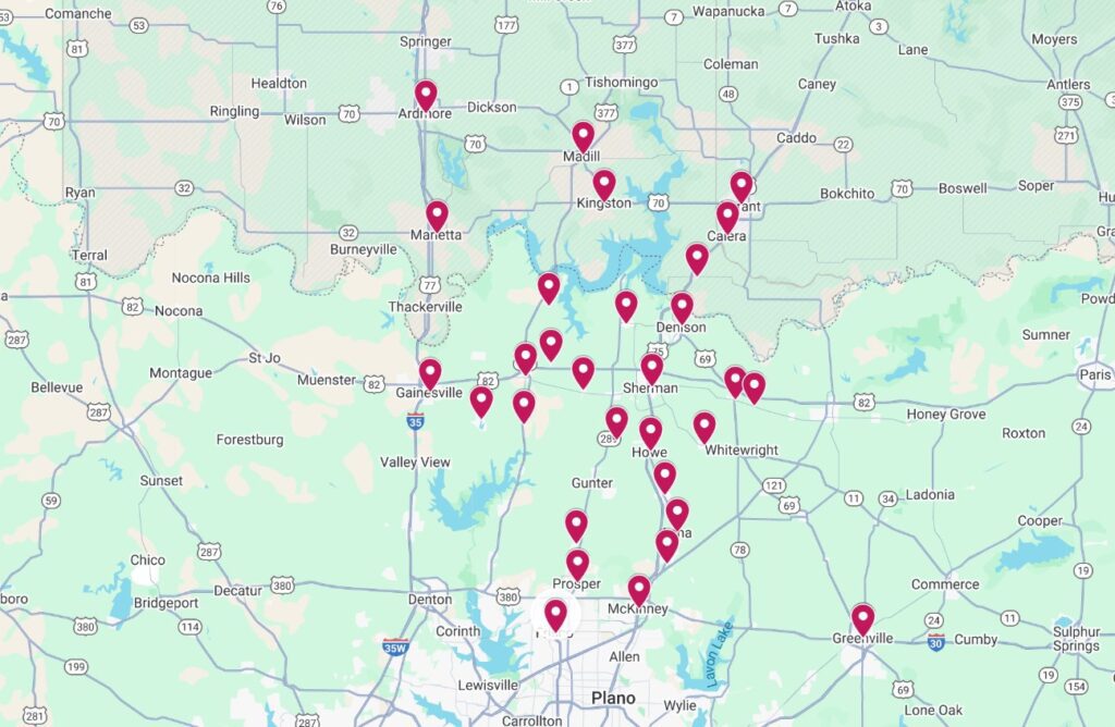 Map of BTXteriors' roofing in Texoma service area with city pins